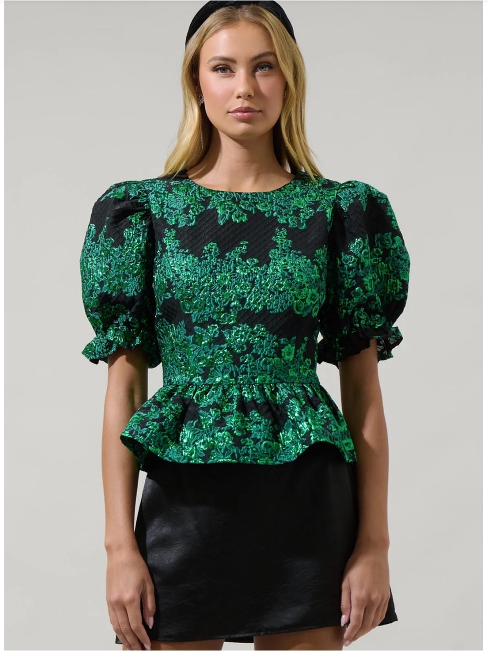 Sugar Lips Peplum Top Floral Puff Sleeve Green Small NWT